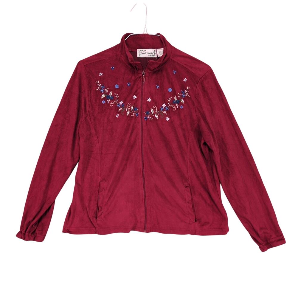 Vtg 90s Sarah Bentley XL Red Microfiber Suede Embroidered Floral Full Zip Jacket